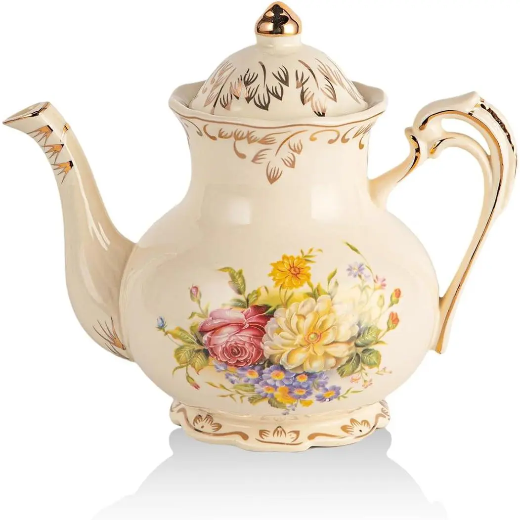 Vintage Ivory Porcelain Teapot with Gold Trim - 25 OZ/3 Cup Flowering Shrubs Design, Home Supplies Teacup-Included Floral Tea Pot for Party Gifts