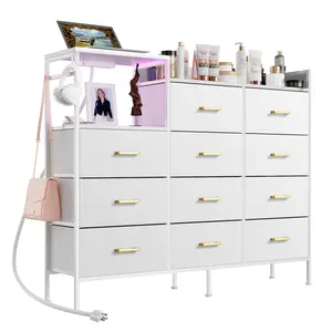 Dresser with Bins, Modern Storage Chest with 12 Drawers, Dresser for Bedroom,  White Finish Gold Handles for Bedroom Living Room Functional Design