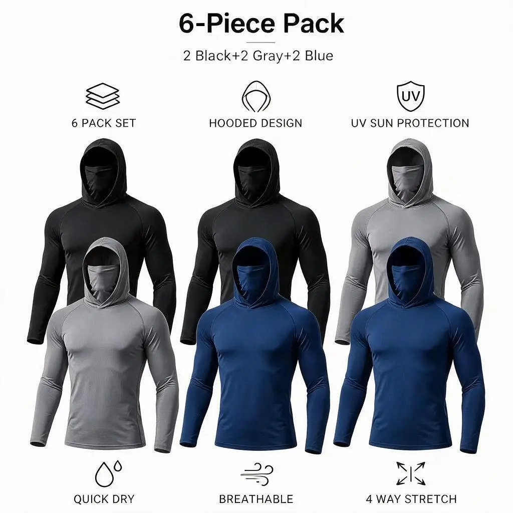 Unisex Polyester Hooded Compression Shirts with Face Cover (3/5/6 Packs, 6 Pieces Option), All Season Quick-Dry Lightweight Long-Sleeve Athletic Tops, Breathable Outdoor Sports Wear for Hiking, Fishing