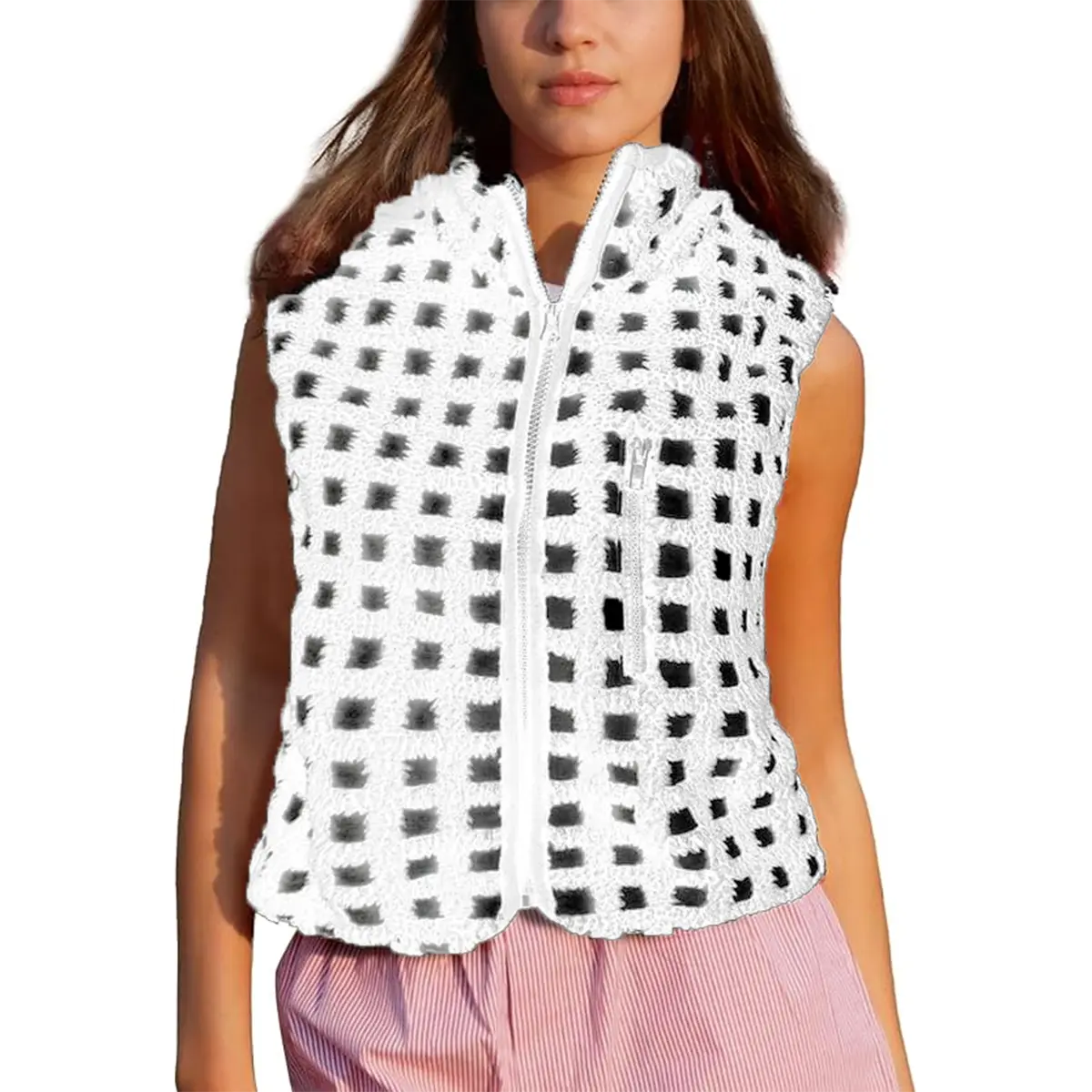 Womens Checkered Sherpa Vest Sleeveless Winter Fleece Jacket High Neck Zip Up Plaid Gilet with Chest Pocket