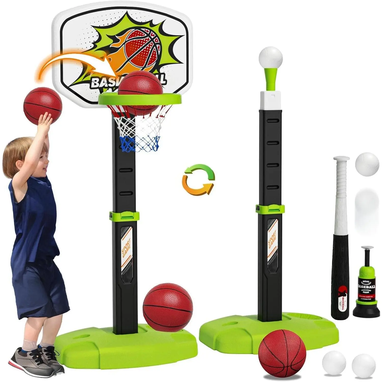 3-in-1 Toddler Basketball Hoop & Tee Ball Set with Automatic Pitching Machine, Adjustable Height Range, Indoor/Outdoor Sports Toy Set, Christmas/Birthday Gifts for Boys Ages 3-12