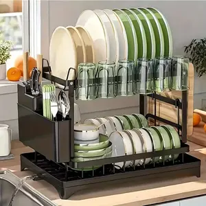 2 Tier Dish Drying Rack For Kitchen Counter, Dish Drainers For Kitchen Counter With Drainboard, Metal Kitchen Dish Rack With Drain, Kitchen Drying Rack Two Tier, Black Dish Racks, Spoons And Fork