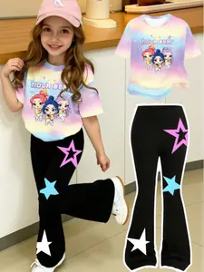 Girls' Creative Personalized Casual, Trendy Mini Virtual Band Character, Colorful Star Print T-Shirt and Flared Pants Set, Comfortable for All Seasons