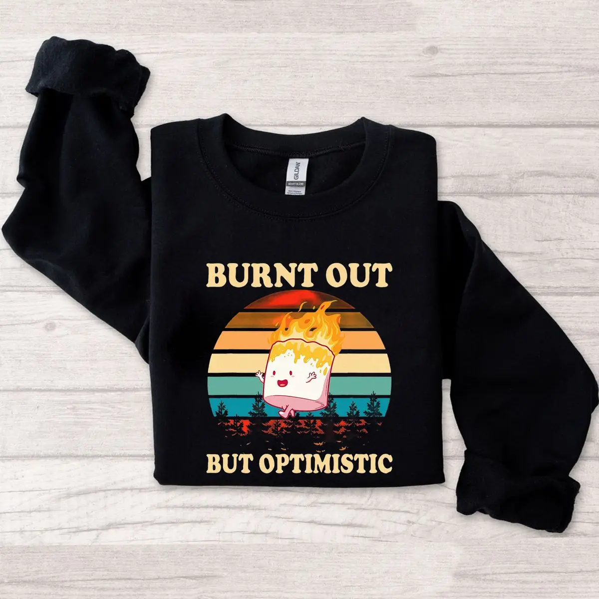 Burnt Out But Optimistic Marshmallow Sweatshirt, Funny Retro Vintage Pullover for Women, Cute Sarcastic Camping Graphic Crewneck, Trendy Christmas Gift for Her