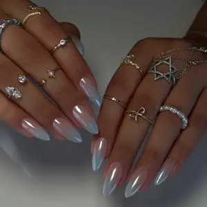 Manihaus Moonlight Glaze White Pearl Chrome Powder Glazed Donut Iridescent Long Almond Minimalist Press On Nails