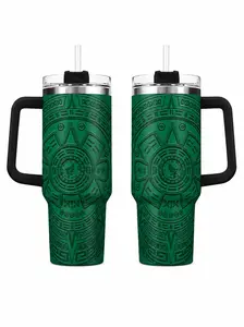 Aztec Calendar Mexico Eagle Tumbler, 40oz Green Embossed Travel Mug with Handle and Straw, 20 30oz Stainless Steel Insulated Cup for Gifts and Daily Use