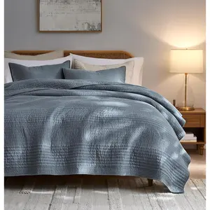 Striped Blue Grey  Cotton Quilt  Size Bedding Sets, Lightweight Crinkly  Pick Stitch Textured Bedspread Soft Shabby Chic Farmhouse Country Coverlet for All Season, 2 Shams