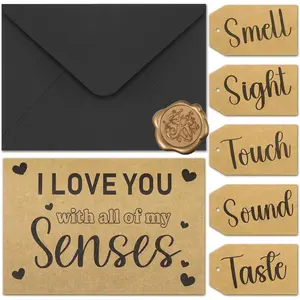 Five 5 Senses  for Him Her with Labels Set I Love You with All of My Senses  Greeting Card for Anniversary Birthday Valentines Day Boyfriend(Black,)