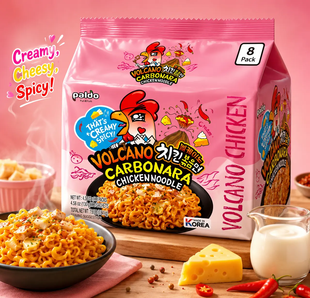 PALDO FUN & YUM Volcano Carbonara Creamy Spicy Chicken Noodle, 4.59 Ounce (Pack of 8) Cheesy Ramen