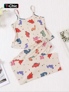 2 pieces of women's new small Cute dinosaur printed sexy Fitted camisole vest, pants, pajamas set suitable for comfortable and casual home wear in all seasons