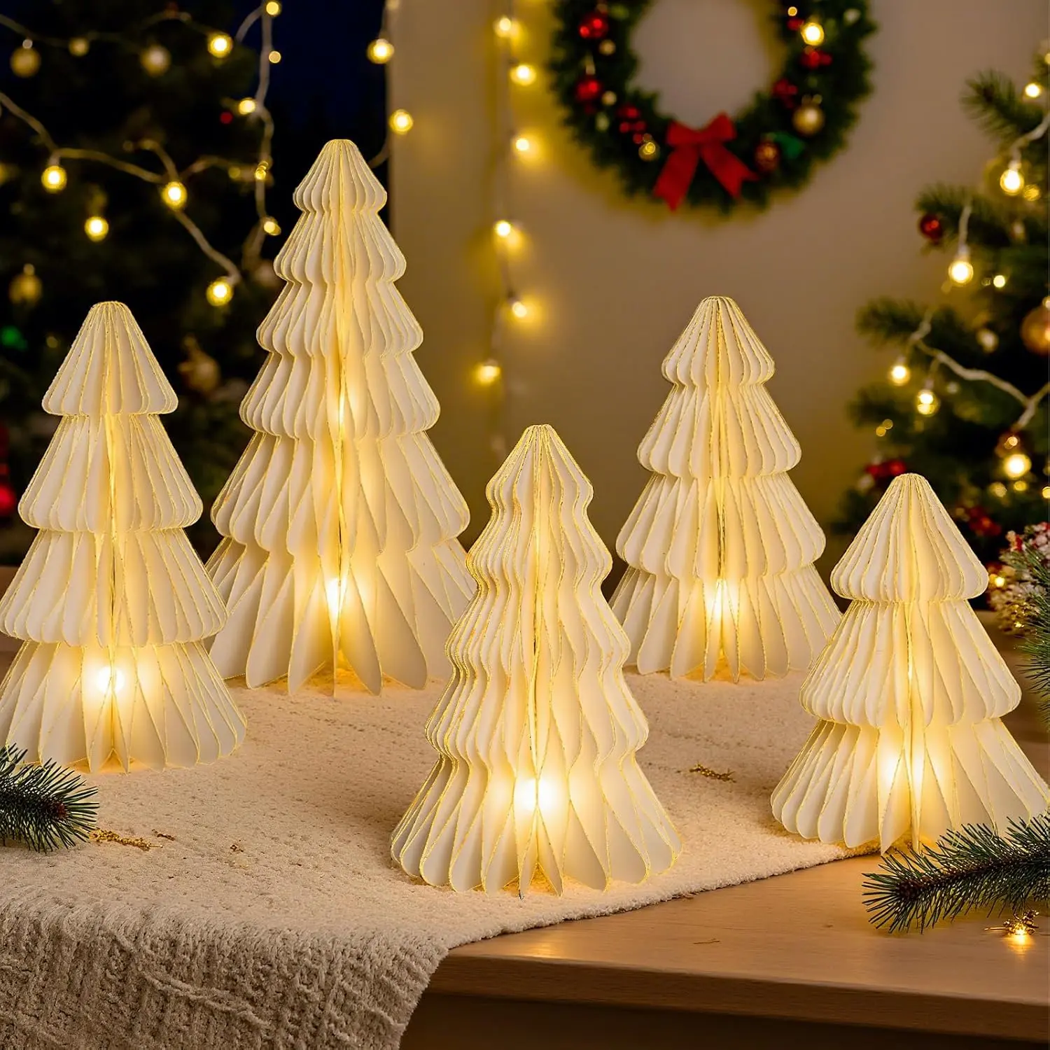 5 Pcs Christmas Table Decorations Indoor, 3D Honeycomb Paper Christmas Trees, Light Up Vintage Table Centerpieces for Christmas Winter Wonderland Holiday Party Weddings Home Decor, 8/10/12 Inch Magnetic Ornaments White