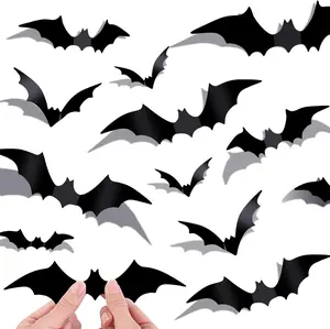 Halloween Bats Decoration Set 96PCS PVC Black 3D Scary Bat Stickers Realistic Wall Decals for Home Office Bathroom DIY Party Ornaments