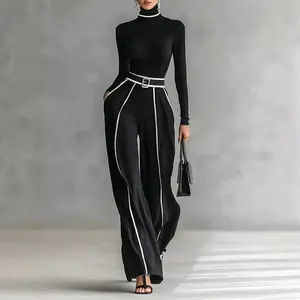 Elegant Autumn Striped Patchwork Women’s Two-Piece Set: Slim-Fit Turtleneck Sweater Pullover and Wide-Leg Pants — Winter Outfit