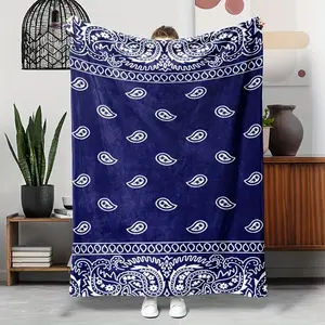 Bohemian Paisley Flannel Throw Blanket, Blue White Pattern Soft Fleece Blanket, Boho Style Couch Throw for Living Room Bedroom Decor, Lightweight Travel Camping Blanket