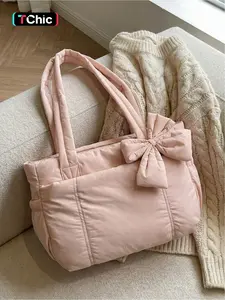 Pink quilted bow tote bag, a gentle, casual, lightweight, and spacious shoulder bag, Casual commuter bag, suitable for commuting, shopping, leisure outings, and everyday accessories.