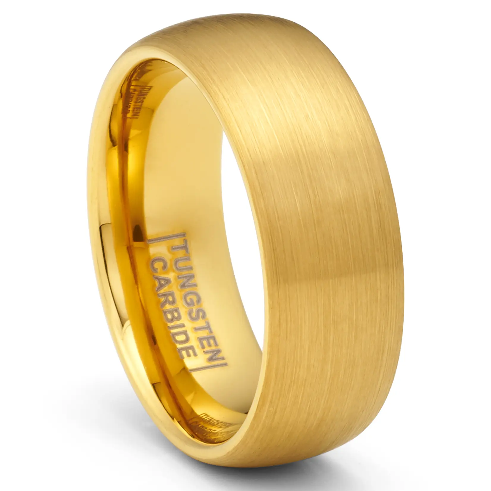 Mens 8MM Comfort-Fit Gold Plated Dome Brushed Tungsten Carbide Ring, Gold Plated Rings for Wedding Band, Durable Carbide Jewelry, Band-Shaped Rings