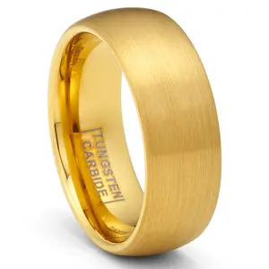 Gold Plated Dome Brushed Tungsten Carbide Ring Mens Wedding Band 8MM Comfort-Fit