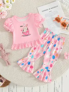Baby girl supplies, baby girl clothing set, girls' pants set, baby girl summer fashion round neck puff sleeve cute rabbit short-sleeved top versatile flared pants set, Easter gift, baby girl birthday gift, Newborn Gift Set, Outfit