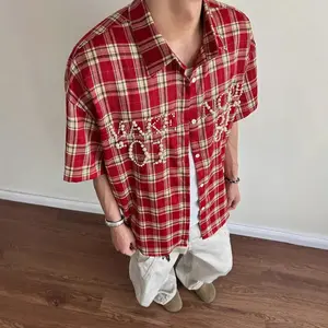 Summer Men's American Retro Pearl-Detailed Checkered Shirt - Loose Versatile Casual Short-Sleeve Top