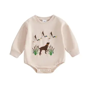 Newborn Baby Boy Hunting Clothes Mallard Duck Embroidered Sweatshirt Romper Long Sleeve Bubble Romper Onesie Bodysuit Outfits