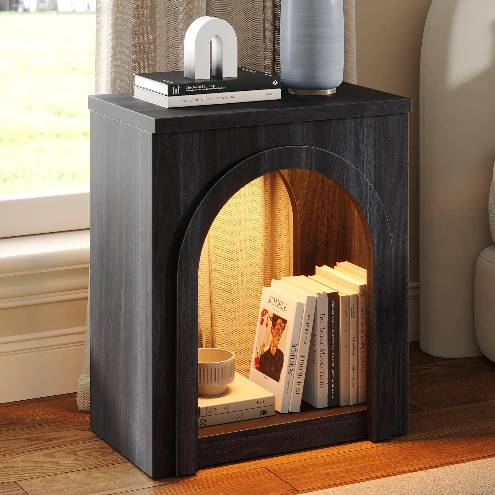 Sikaic Arched End Table with LED Lights and Elegant Open-Shelf Design, Mid-Century Modern Nightstand for Living Room, Bedroom, Office, Matte Black Summerwins