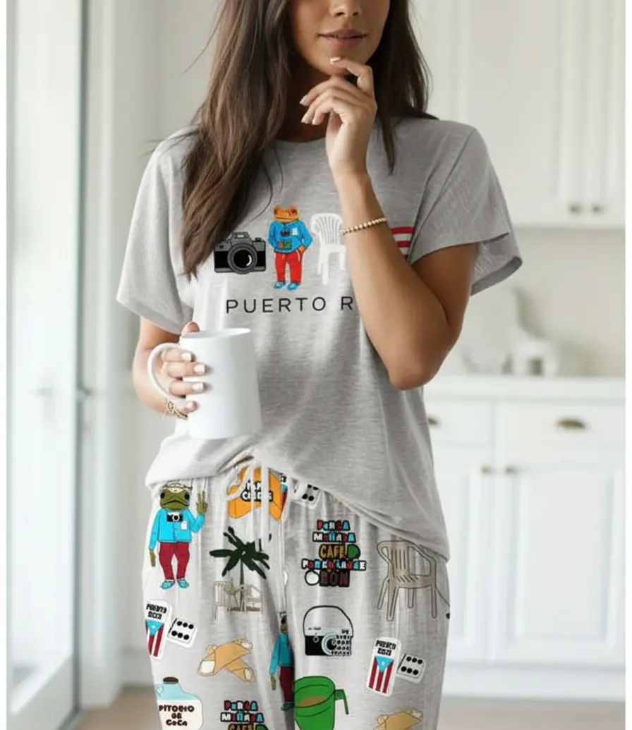 Women's 3-Piece Graphic Short-Sleeve Pajama Set - Medium Stretch Spandex, Breathable, Elastic, Adjustable Fit, Drawstring, Pockets, True Size Casual Loungewear Nightwear (Top, Bottom), Pajamas, Short Sleeves, Rayon Blend, Machine Wash, Shortsleeve, Everyd