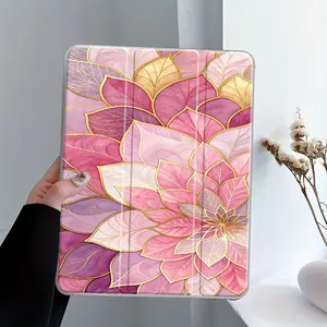 Bohemian Floral iPad Folding Stand Case, Tablet Accessories, Transparent Acrylic Hard Back Panel With Pencil Slot, Scratch-resistant Protective Case, Shock-resistant Full Cover, Suitable for All iPad models, Offices, Schools, Homes