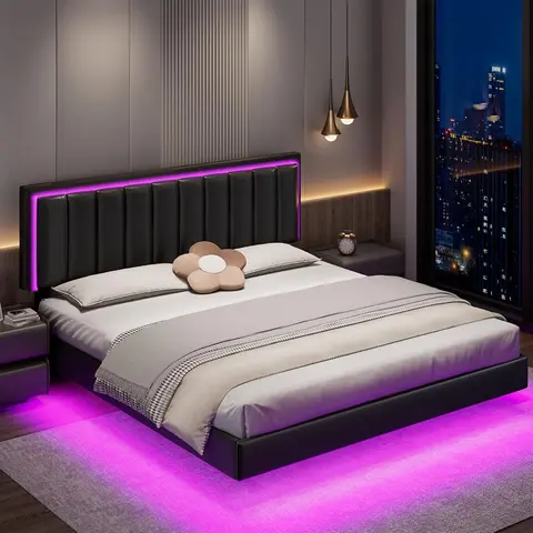 HOMBCK Queen Size Modern Floating Bed Frame - Wood & PU, Double LED Lights, High-Density Cotton Support, Hidden Feet, Solid Wood Slats, Noise-Free, Easy Assembly, No Mattress/Box Spring Needed #SohoChic#Homemakeover (Floating Bed Frames)