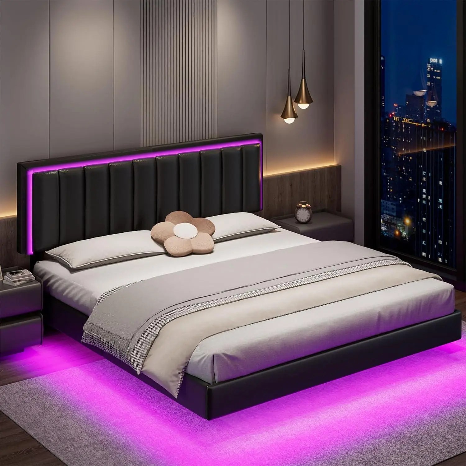HOMBCK Floating Bed Frame with LED Lights, No mattress, Solid Wood Slats Support, No Box Spring Needed, Noise-Free, Easy Assembly
