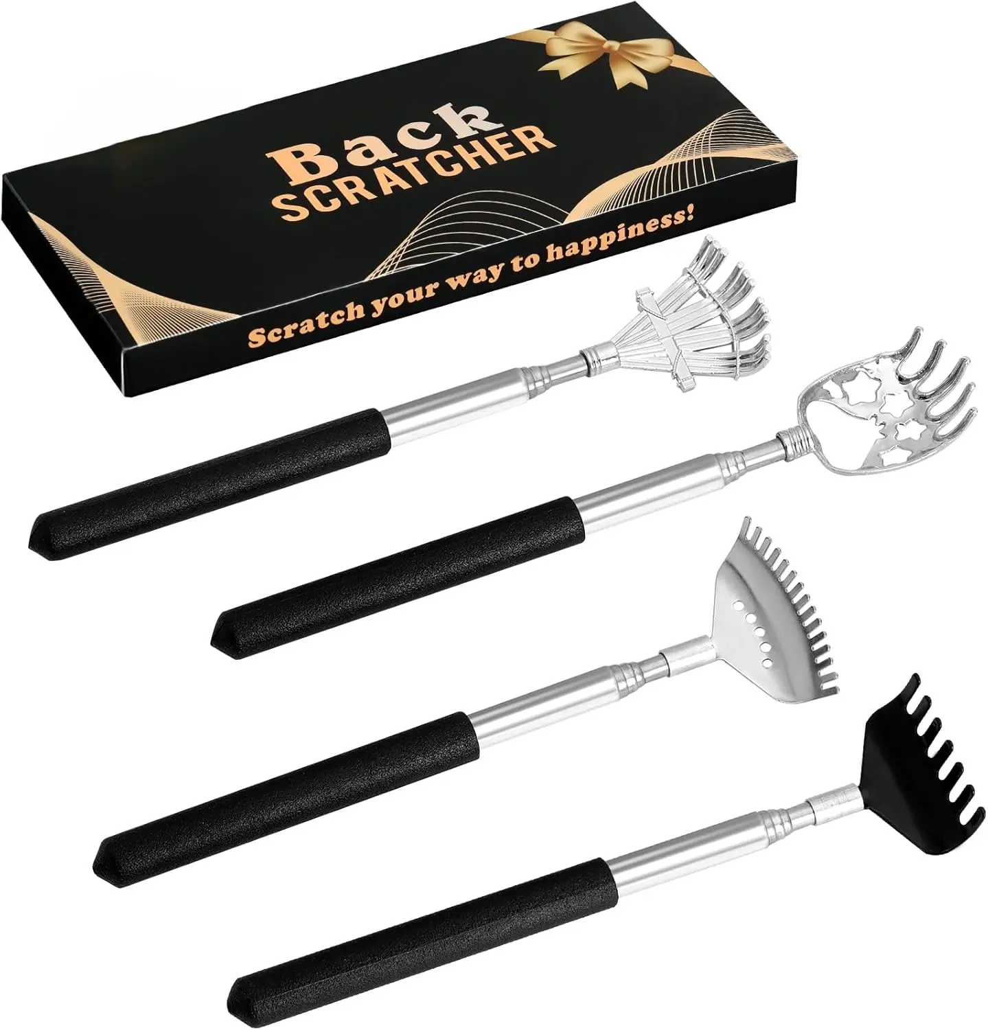 4-Pack Extendable Stainless Steel Back Scratcher for Itch Relief, Body Care Manual Massager Gift Set with Rubber Handles, Storage Pouch, 26.7-Inch, 7/15/4 Tooth Rake (Ideal for Parents)