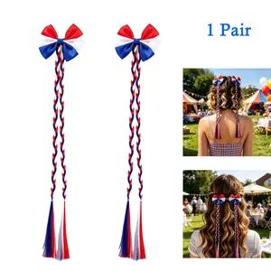 1Pair Bow Braided Hair Accessories, Red-White-Blue Pre-Braided Hair Extensions with Alligator Clips, Cute Long Tassel Hair Clips, Pre-Braided Hair Accessories for Sports Events Parties Festivals