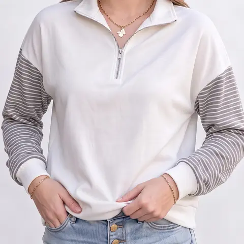 Shewin Women's Color Block Half Zip Sweatshirt Striped Raglan Long Sleeve Loose Everyday Casual Pullover