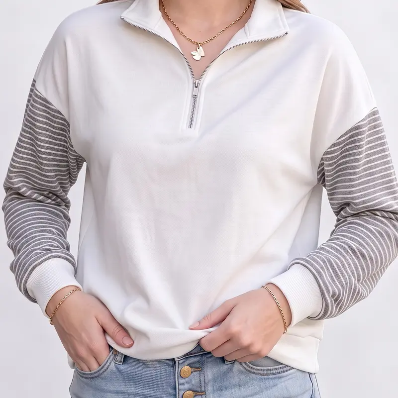 Shewin Women's Color Block Half Zip Sweatshirt Striped Raglan Long Sleeve Loose Everyday Casual Pullover