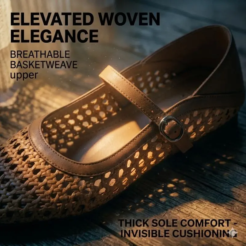 Women's Woven Mary Jane Flats, Convertible Collapsible Heel Shoes (Flats to Mules), Comfortable Basketweave, Zero-Chafing, Invisible Cushioned Insole, for Home, Work & Travel
