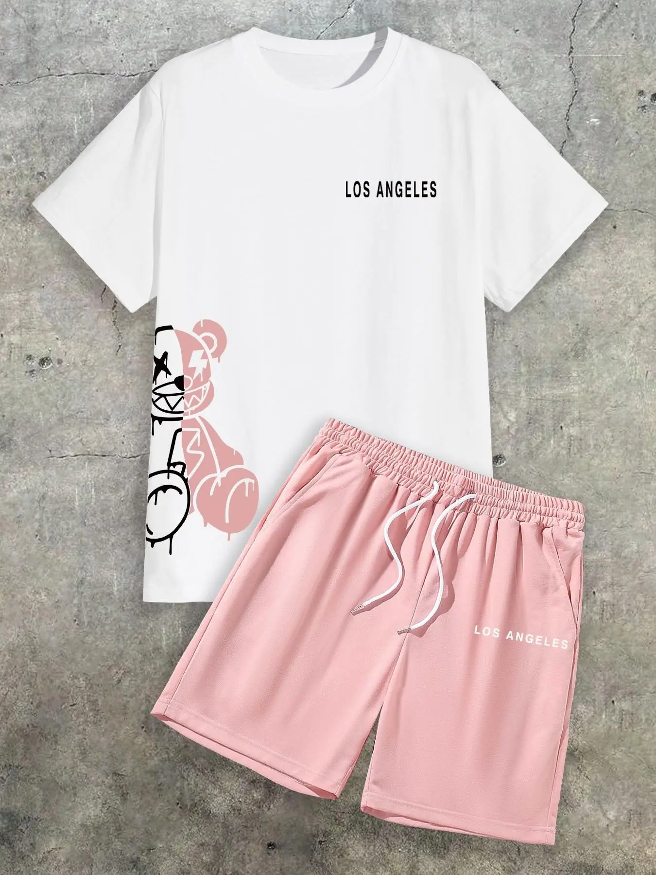 Men’s Los Angeles Graphic Bear Shorts Set, Breathable Fabric Streetwear, Casual Daily Wear & Party Essentials