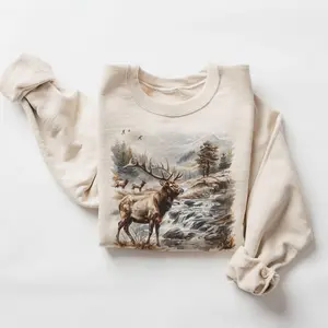 Retro Bull Elk Wilderness Scene Sweatshirt - Nineties Vintage Elk Nature Outfit - Boho Unisex Cotton Pullover Womenswear Day