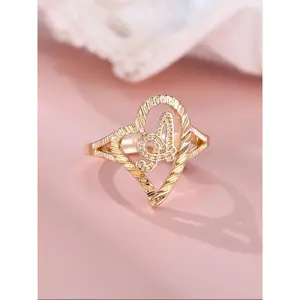 Vintage Hollow out Heart Design Cuff Ring, Letter Design Cuff Ring, Fashion Jewelry for Women & Girls, Heart Signet Ring