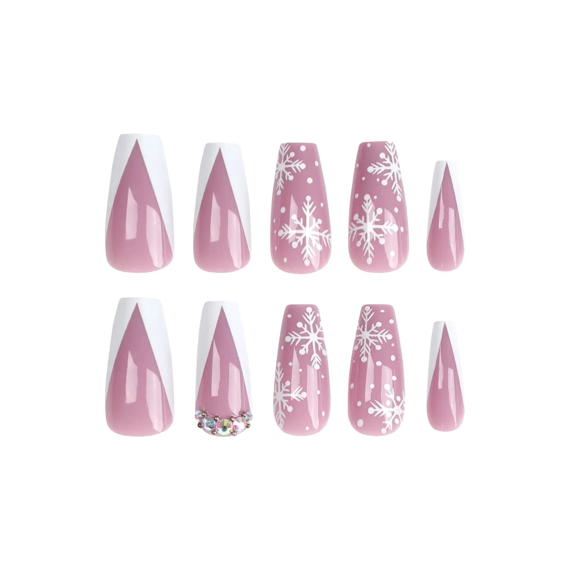 Christmas Sticker Joy Christmas Snowflake Press-On Nails - Long Coffin Pink Fake Nails with 24 Nails & Glue, Includes Rhinestone Accents