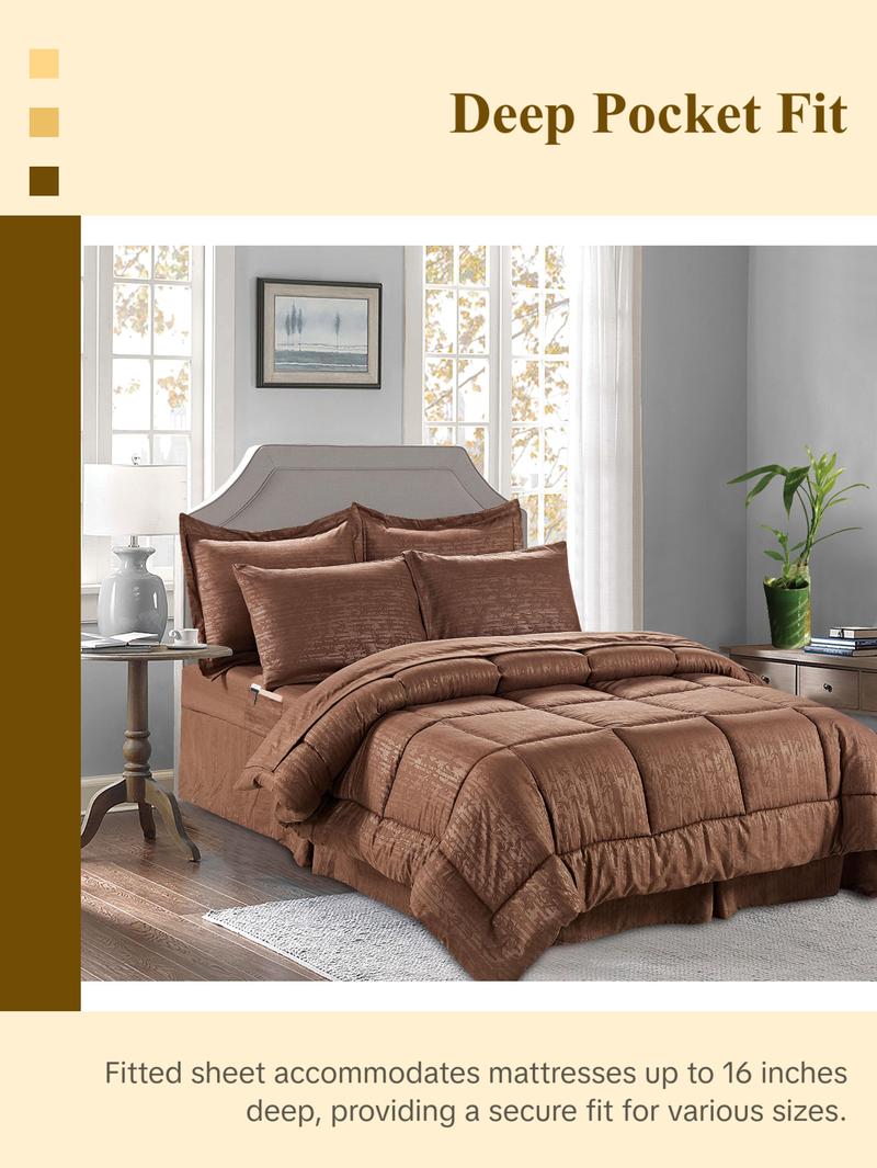 Elegant Comfort 8-Piece Bamboo Floral Comforter Set - Botanical Pattern with 4-Piece Sheet Set and Double-Sided Storage Pockets