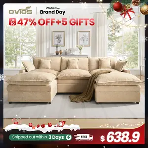 【On Backorder Ships by End of May】Ovios 108" U-Shaped Modern Sofa Modular Sectional Cloud Couch with 2 Ottoman, Comfy Chenille Deep Seat Sofa Bed for Living Room, Bedroom and Apartment, 5 Pillows Included