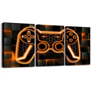 Feelyou Gamer Canvas Wall Art - 12"x16" 3-Piece Orange and Black Geometric Square Prints with Frames, Artistic Room Decoration for Gaming Office, Home Gift