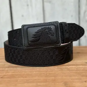 Black “Horse” Embroidered 2” Wide Belt with Rectangular Buckle | Made in Mexico