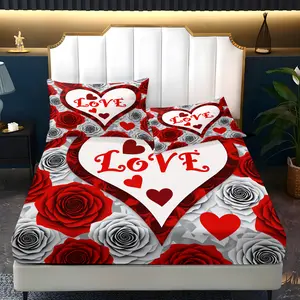 3pc Valentine's Day red rose heart fitted sheet set, Soft Bedding Set, Decorative Bedding Set, including 1 fitted sheet and 2 pillowcases, available in single, double, and king sizes, a perfect holiday gift for friends, suitable for bedrooms, hotels