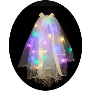 Light Up Wedding Bridal Veil 2 Tiers Bride Pearl Veils LED Bachelorette Bridal Hair Bow Short Tulle Hair Accessories