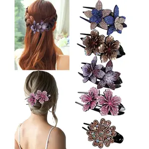 5 Pcs Double Flower Decorative Jeweled Rhinestone Hair Clip Pretty Fancy Floral Thick Crystal Hair Clips for Women Beautiful Fashion Designer Asian Accessories Long Chinese Korean Vintage Ornaments
