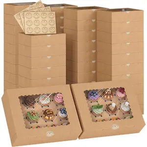 50 count Cupcake Boxes, 12-Count Cupcake Containers with Window, Brown Cupcake Carrier with Inserts and 50 Stickers, 12.8x9.84x3.54 Inch Pastry Boxes for Dessert, Party, Birthday, Holiday