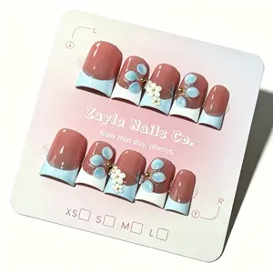 Handmade Duck  Press On Nails - Nude Pink French Tip with 3D Blue Flower Charms, Short Duckbill square Fake Nails, Reusable Acrylic False Nails for Women, Daily & Party Wear wearable nail art