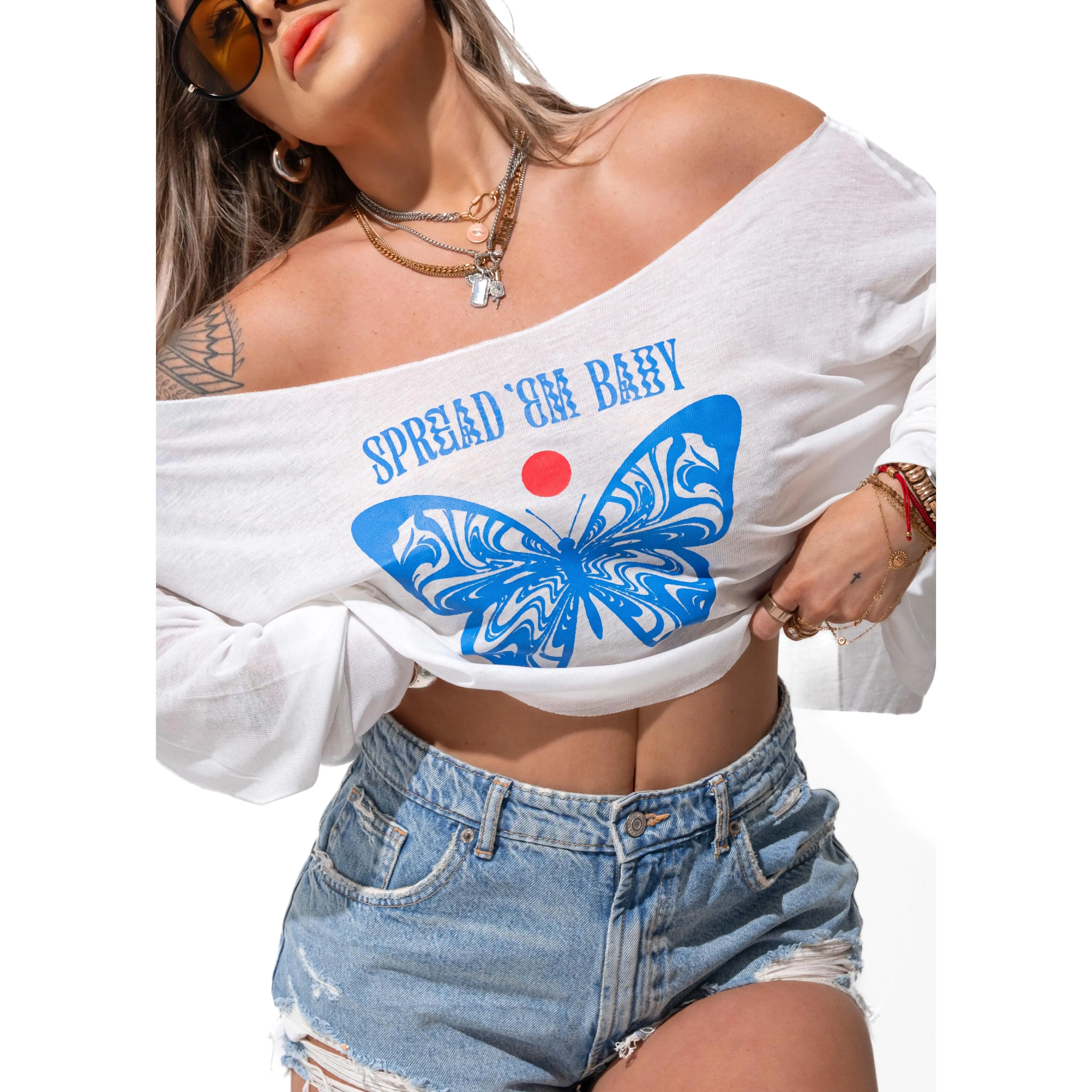 SPREAD 'EM BABY BARELY THERE GRAPHIC LONG SLEEVE TOP