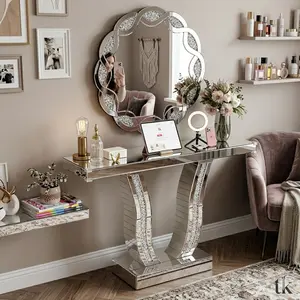 Mirrored Console Table with Crystal-Inlaid U-Shape Base Modern Elegant Silver Glass Entryway Tables for Living Room Luxury Accent Sofa Table with Curved Frame (Silver Table)