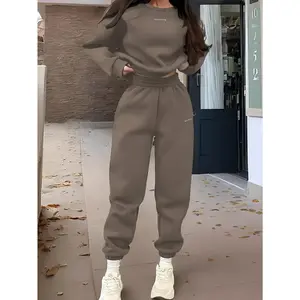 Polyester Long Sleeve Embroidered Alphabet Crew Neck Women's Spring/Fall Casual Sportswear Set, Medium Stretch, Loose Fit, 100% Long Sleeve Pullovers with Drop Shoulder Knit Fabric, Sweatshirt and Pants Set